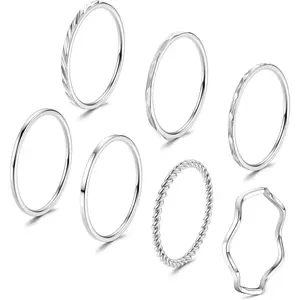 FLORIDECO 7 Pcs Stainless Steel Rings 1MM Fashion Simple Plain Knuckle Stacking Midi Thumb Dainty Thin Stackable Statement Band Rings Set for Women Men Size 5-11 Silver Tone Daily
