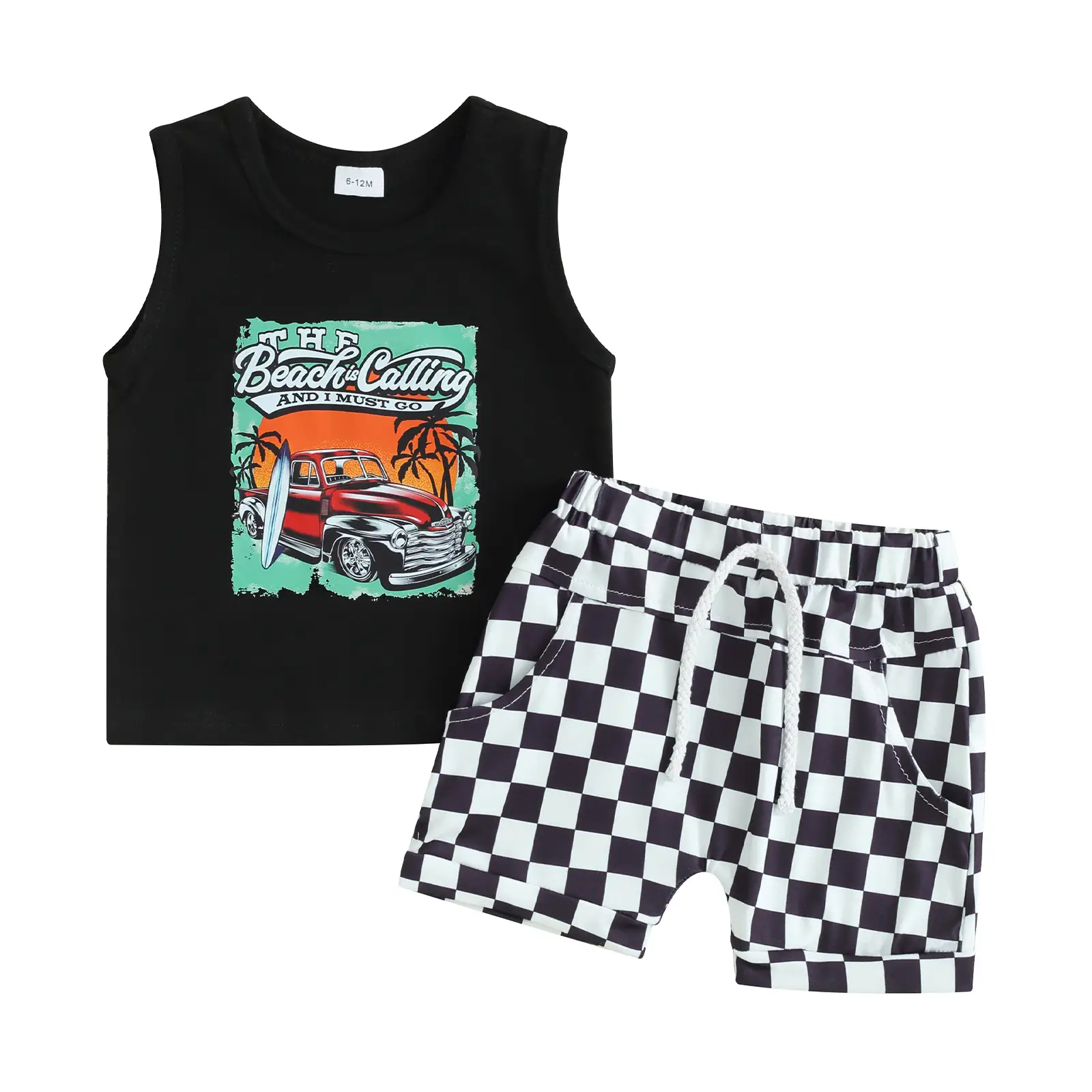 Toddler Baby Boy Summer Outfit Tank Tops Sleeveless Beach T-Shirt Checkerboard Elastic Waist Shorts Set 2Pcs Clothes