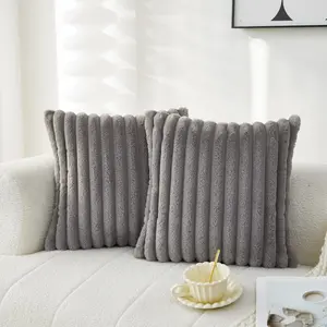 Grey Striped Decorative Pillow Covers 18x18 Inch Set of 2-Sided Faux Fur Plush Throw Pillow Soft Cushion Case for Couch Sofa Bed Home