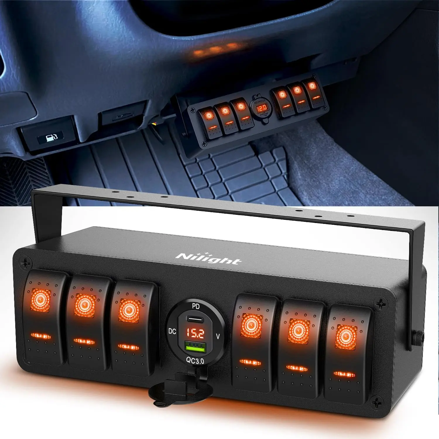 Nilight 6-Gang Rocker Switch Panel - 12V/24V SPST ON-Off Toggle Switches, Light Control, Splashproof Housing, ABS Waterproof Aluminum Bracket, PD+C+QC Dual Ports, Voltmeter, LED Light, DIY Stickers, Pre-Wired Easy Installation for Boats/RVs