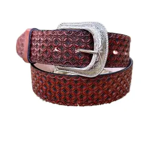 Men’s Brown Leather Belt Tooled Western Belt with Removable Buckle Genuine Leather