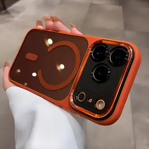 【iPhone17 case】Orange Transparent Magnetic Phone Case for iPhone17 Pro max 16 15 Air Metal lens Ring Shockproof TPU Frame Acrylic Hard Back Cover