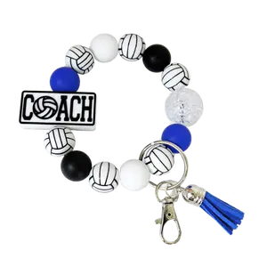 Volleyball Coach Silicone Keychain Beaded Wristlet - Custom Color Car Key Ring Bracelet with Tassel - Handmade Gift for Team Moms, Players & Fans