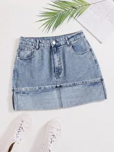 Plus Size Women's Denim Skirt, American Vintage High Waist Rolled Hem, Washed Slim Fit, Back Pocket Paneling, Casual Style Comfortable