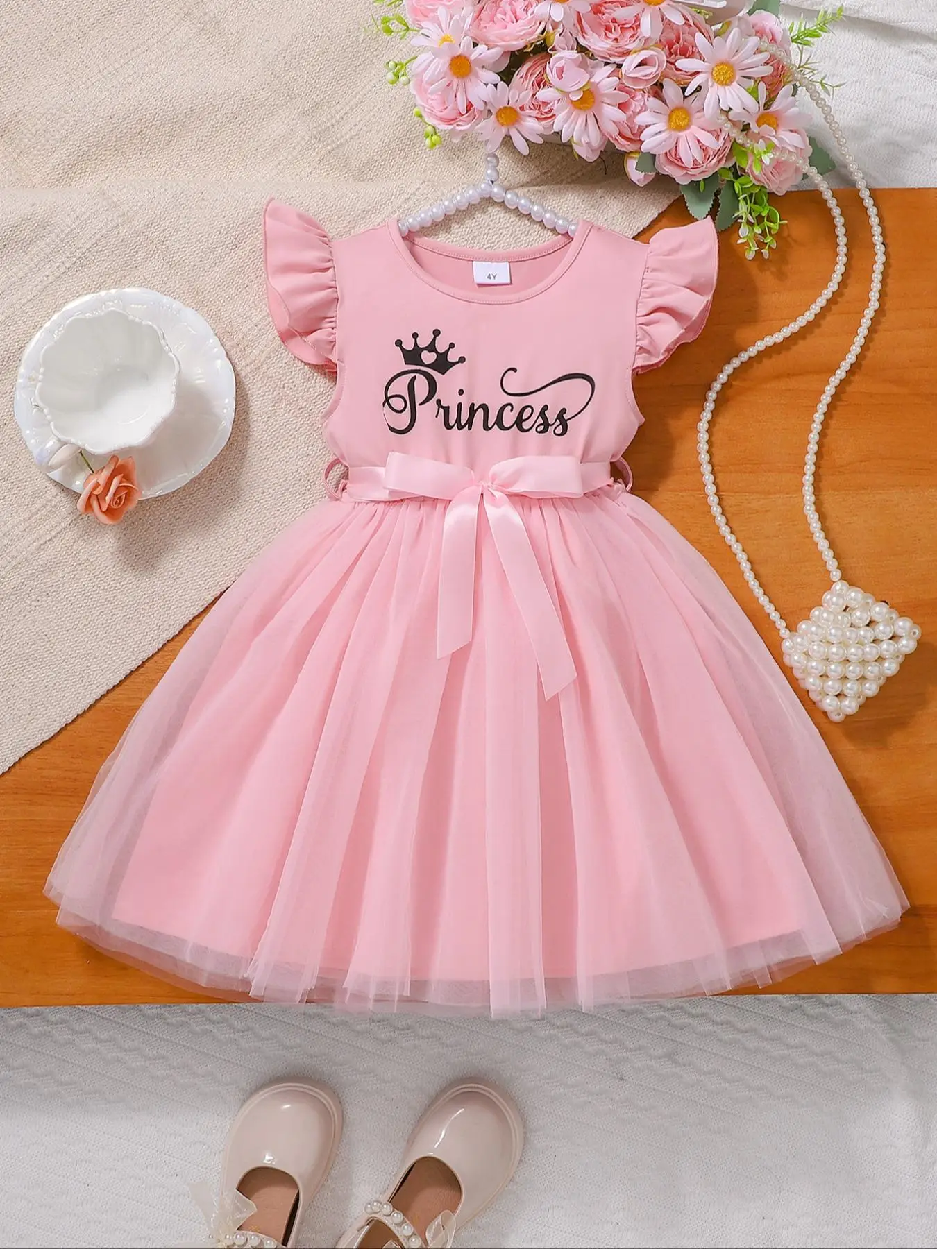 Girl's Letter Print Belted A Line Tutu Dress, Cute Cap Sleeve Princess Dress for Party Holiday, Kids Summer Clothes