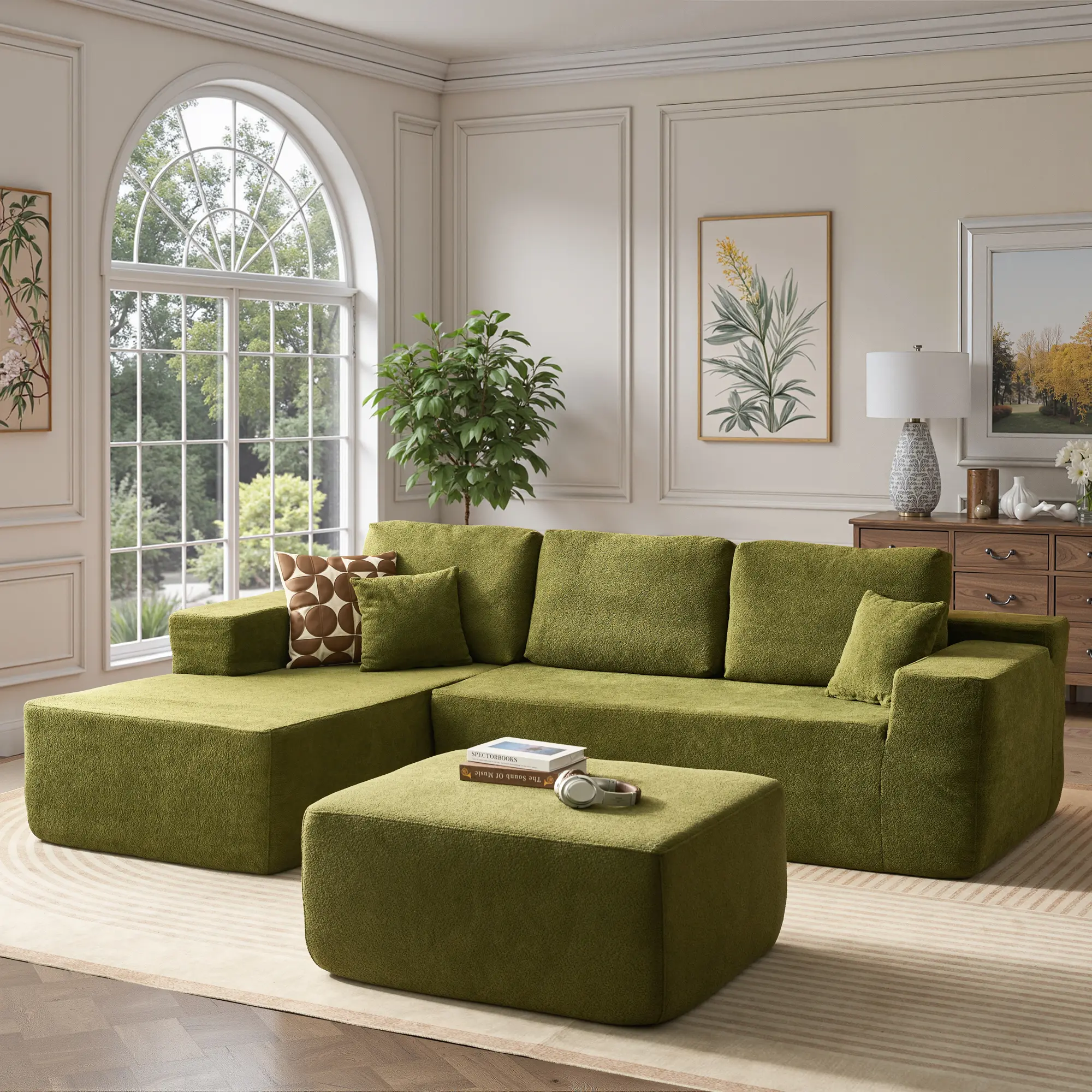 Green Velvet Left Chaise with Ottoman