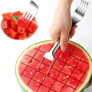 2 Pack-2-in-1 Stainless Steel Fruit Cutter, Upgraded Watermelon Fork Slicer Cutter Slicer Tool, Dual Head Fruit Forks Slicer Knife With Round Handle,Fruit Forks Slicer for Home Party Camping Kitchen Gadget