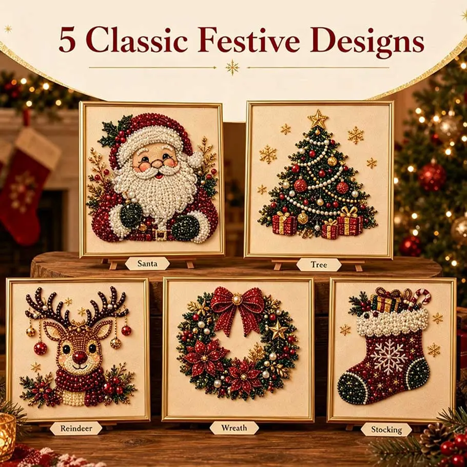8"x8" Frameless 3D Beaded Christmas Pearl Diamond Painting, Xmas Wreath Stocking Mosaic Art, Stress Relief DIY Home Wall Decoration