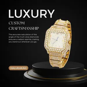 Halukakah Watch for Men - Moissanite Diamond Iced Out - Luxury 18k Real Gold/Platinum White Gold Plated,Japanese Quartz,54MM Rectangle Dial with Calendar,Multicolor,8.3" Wristband - Comes with Giftbox