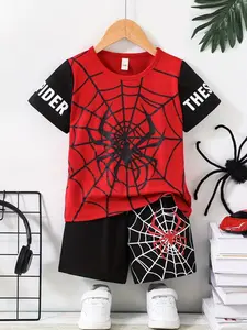 Children Spider Web Print Short Sleeve Shorts Set, Cool Hero Style Two-Piece, Fashion Casual All over Print Clothing for Kids