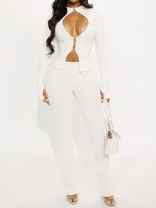 Two-piece Set Women's Fashion Hollow Out Hook & Loop Zipper Top, Sexy High Waist Long Pants Set, Fall & Winter Plain Long Sleeve Outfit