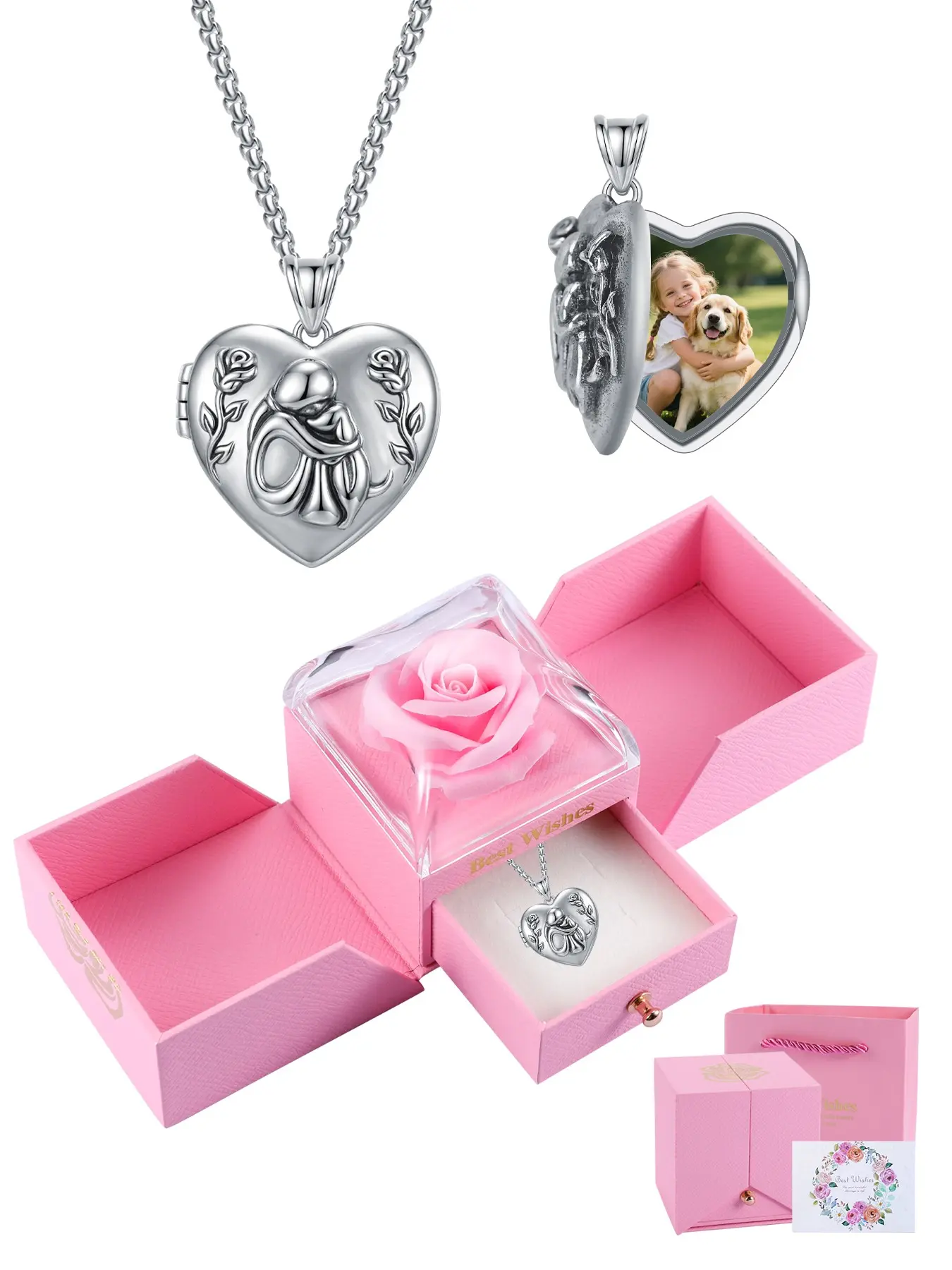 Girl And Puppy Locket Necklace With Rose Jewelry Gift Box, Animal Locket Necklace That Holds Pictures, Birthday Christmas Jewelry Gift for Family Girl Animal Lover