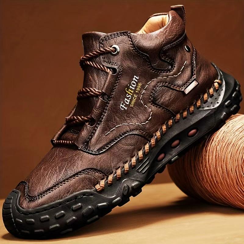 Men's Casual Sneakers, Retro Hand-Stitched High-Top Shoes, Leather Ankle Boots, Comfortable Walking Shoes with Round Toe, Flat Heel and Rubber Outsole for Outdoor Hiking, Urban Commuting, Work, Travel and Everyday Wear