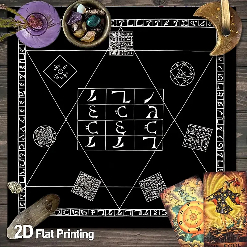 Gothic Wiccan Ritual Symbols Tarot Card Tablecloth | Occult Geometric Black and White Altar Tablecloths | Esoteric Symbolism Bohemian Gaming Tablecloth | Divination Witchcraft Astrology Oracle Cards Altar Cloths | Crystal Grid Meditation Table Cloth
