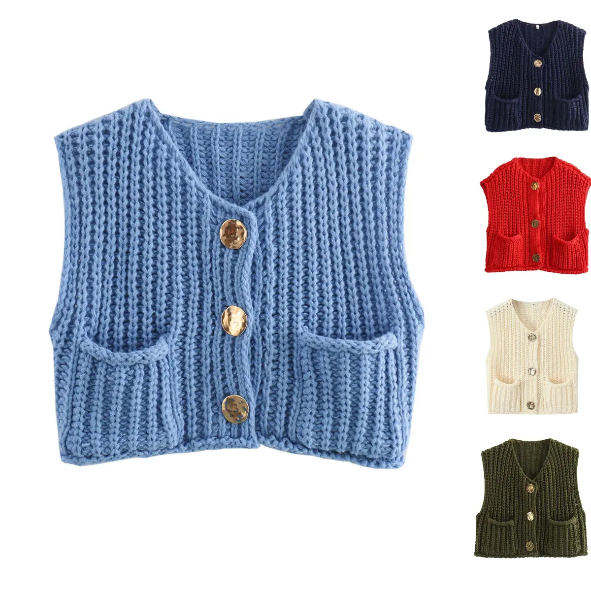 Yeokou Women's Casual V-Neck Sweater Vest, Chunky Knitting Button-Down with Pockets, Pairs with Camis & Tees, Button Set Women's Vests, Sleeveless, Athletic, Cute, Basic
