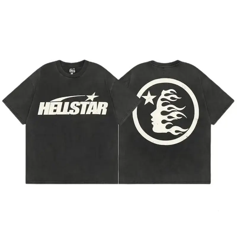 Hellstar Shirt Letter Printed Casual Loose Short Sleeve Round Shirt Cotton Menswear