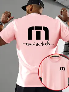 Men's Summer Casual Fitted Geometric Letter Print T-Shirt, Round Neck Short Sleeve Top, Comfortable Breathable Dual-Sided Printing, Outdoor Activities Wear