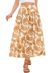 INSPIRE CHIC Boho Skirt for Women's Summer Beach High Waist Paisley Maxi Skirts