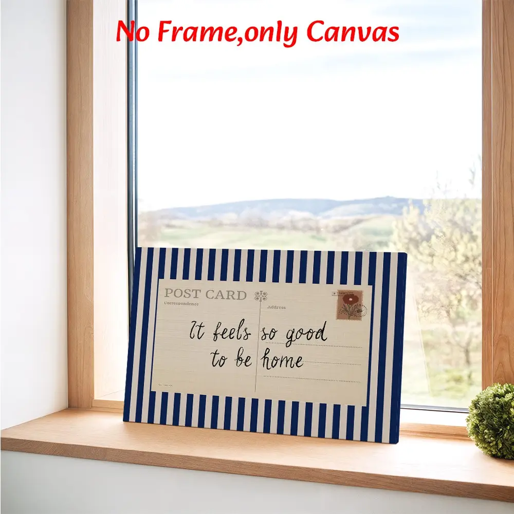 Modern Wall Art, It Feels So Good To Be Home Vintage Postcard Poster, Quote Prints, Blue White Striped Typography Printing, Neutral Tone Canvas Decoration, Living Room & Entryway Aesthetic, Perfect Housewarming Gift, Home Decor Supplies, Framed.