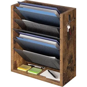 Mail Organizer Wall Mounted, 6-Tier Wall File Organizer with 2 Hooks, Wooden Desk Organizer Magazine Holder with Bottom Flat Tray, for Office Home, Rustic Brown
