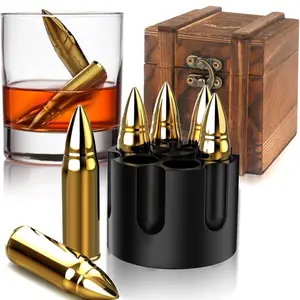 Bullet Whiskey Stones Set with Vintage Wooden Case, Stainless Steel Ice Cubes, Whiskey Gift Set for Men, Dad, Husband, Boyfriend