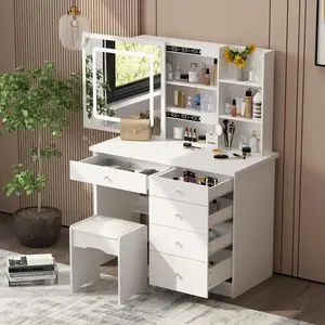 Large Vanity Table Set Makeupdesk Dressing Table with Mirror Dresser Desk and Cushioned Stool Set (Slidding Lighted Mirror)
