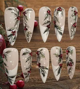 Hand-Painted Christmas Press On Nails, Red Berry Holiday Nails, Custom Gel Xmas Press Ons, Handmade Winter Nail Set for Festive Christmas Looks