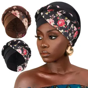 2pcs Set Women's Elastic Print Turban Braid Hijabs Cross Floral Headscarf Caps