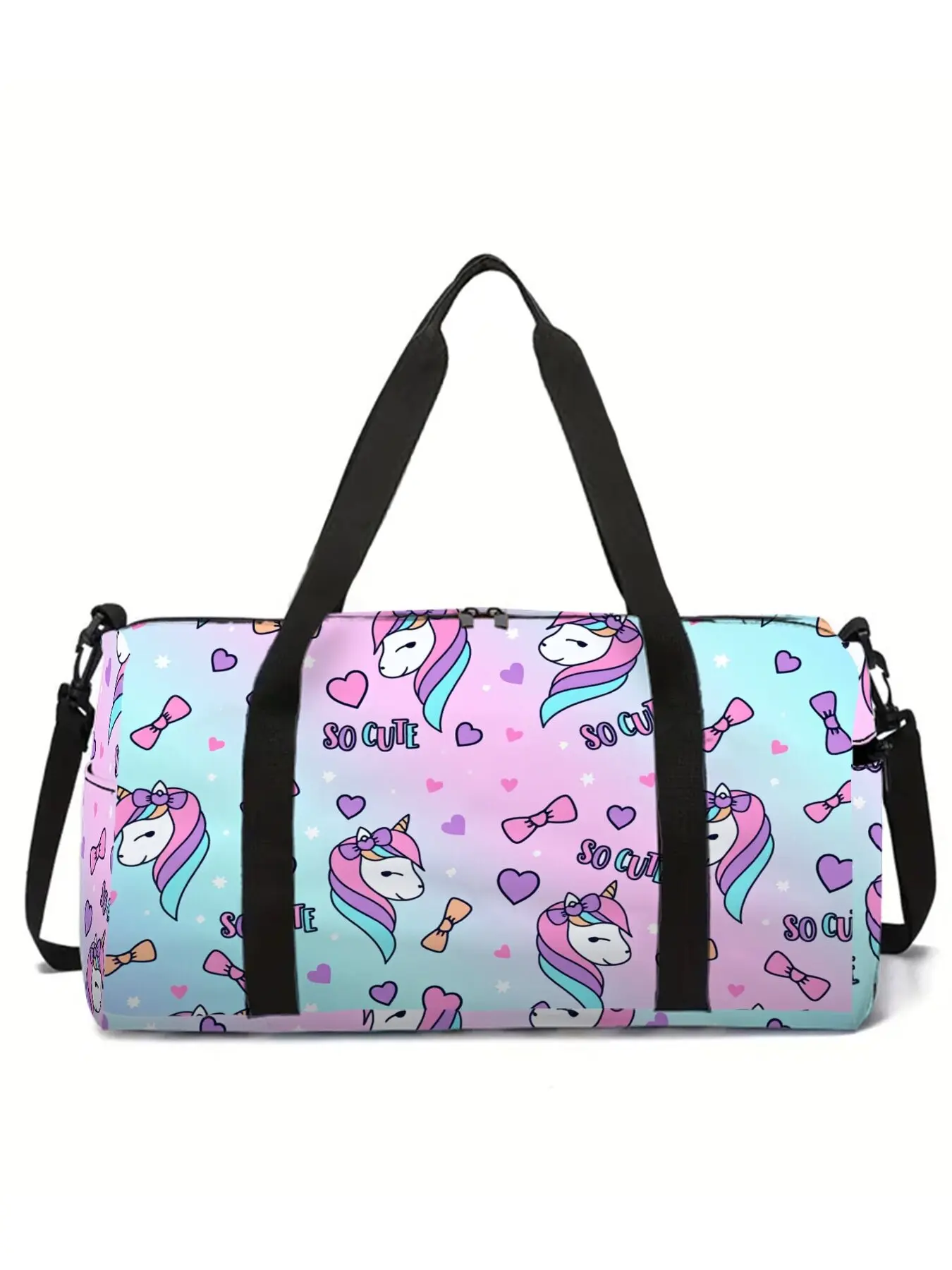 Large-capacity travel duffel bag with unicorn and pony print, portable handheld storage bag