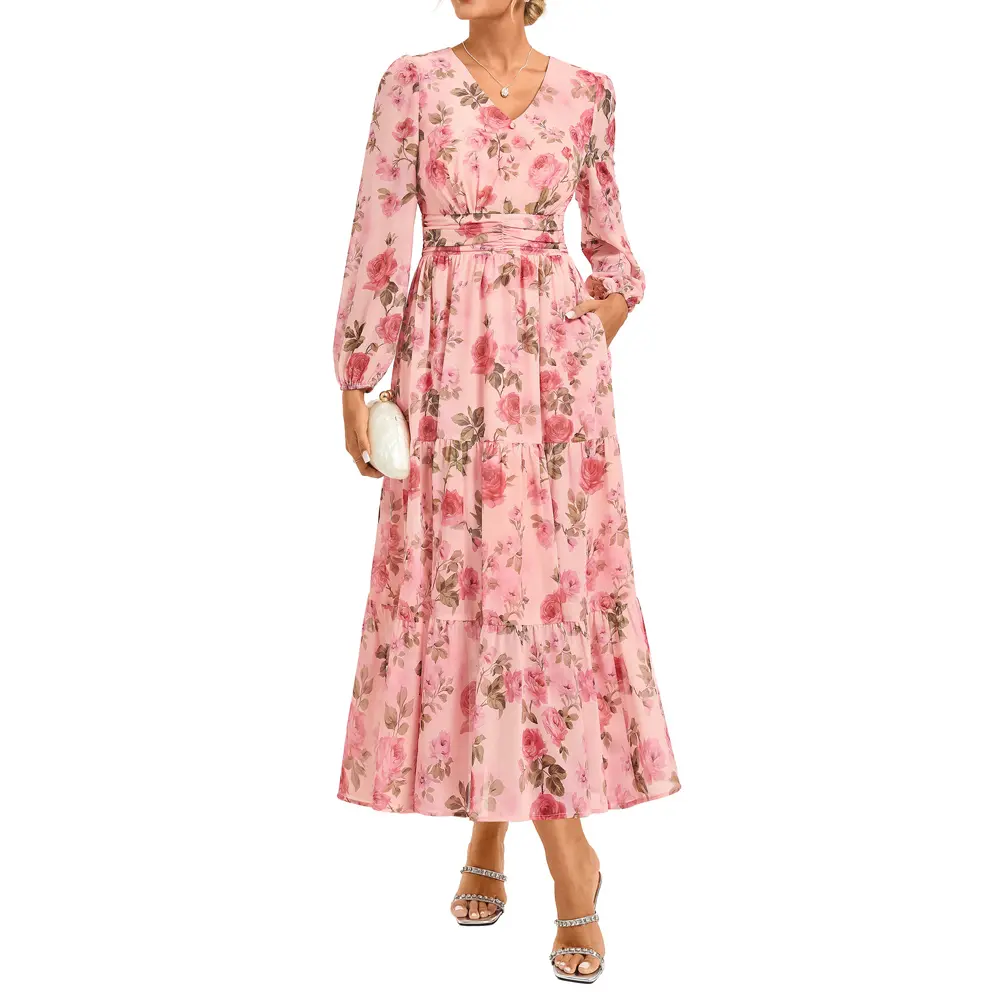 GRACE KARIN Women's Floral Long Sleeve Dress,Elegance Wedding Guest Dresses,V Neck Flowy Boho Maxi Dress with Pocket
