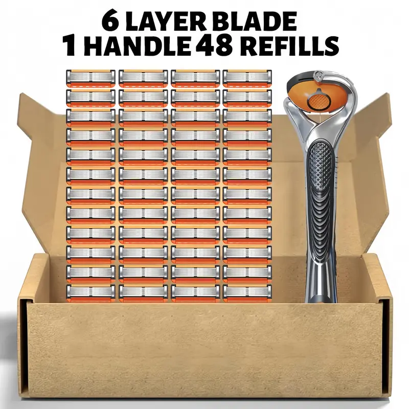 Men's Razor Blade Replacement, 48pcs Razor Blade & 1 Count Handle, Sharp Handheld Razor Blade, Men's Care Product for Daily Use, Head Shaver Kit