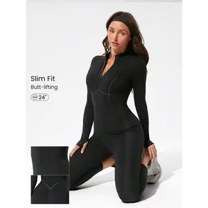 GLOWMODE 24" FeatherFit™-Air Glow Giver Soft Breathable Sweat-Wicking Front Zipper Ribbed Side Panels Contouring Seams Thumbholes Deep V-Back Seams Removable Cups Long-Sleeve Jumpsuit Low-Impact Daily Active Wear