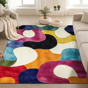 Velvet Soft Comfortable Colorful Block Print Decorative Area Rug, Home Decorative Rugs, Living Room Large Mat Sofa Pad Door Mat Coffee Table Bedside Mat