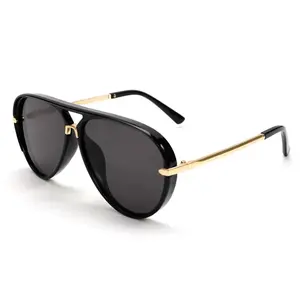 Women's Full Rim Aviator Sunglasses Luxury Designer UV400 Protection Gold Trim Black Frame Lightweight Pilot Glasses for Summer Daily Outdoor