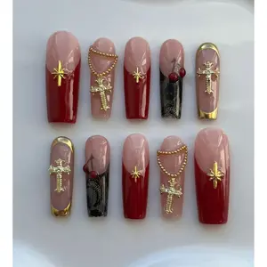 Red & Nude Press on Nails with 3D Gold Charms, Luxury Lace Gold Cross False Nails