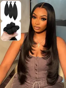 Light Yaki Straight Weft Hair Extensions, Six in One Synthetic, 14/16/18 Inch, Natural, Straight Bundles, Weave Bundles