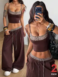 YULENA Vintage Y2K Sport Knit Two Piece Tank Top and Sweatpants Set Brown Leopard Color Blocked Casual Outfit for Women