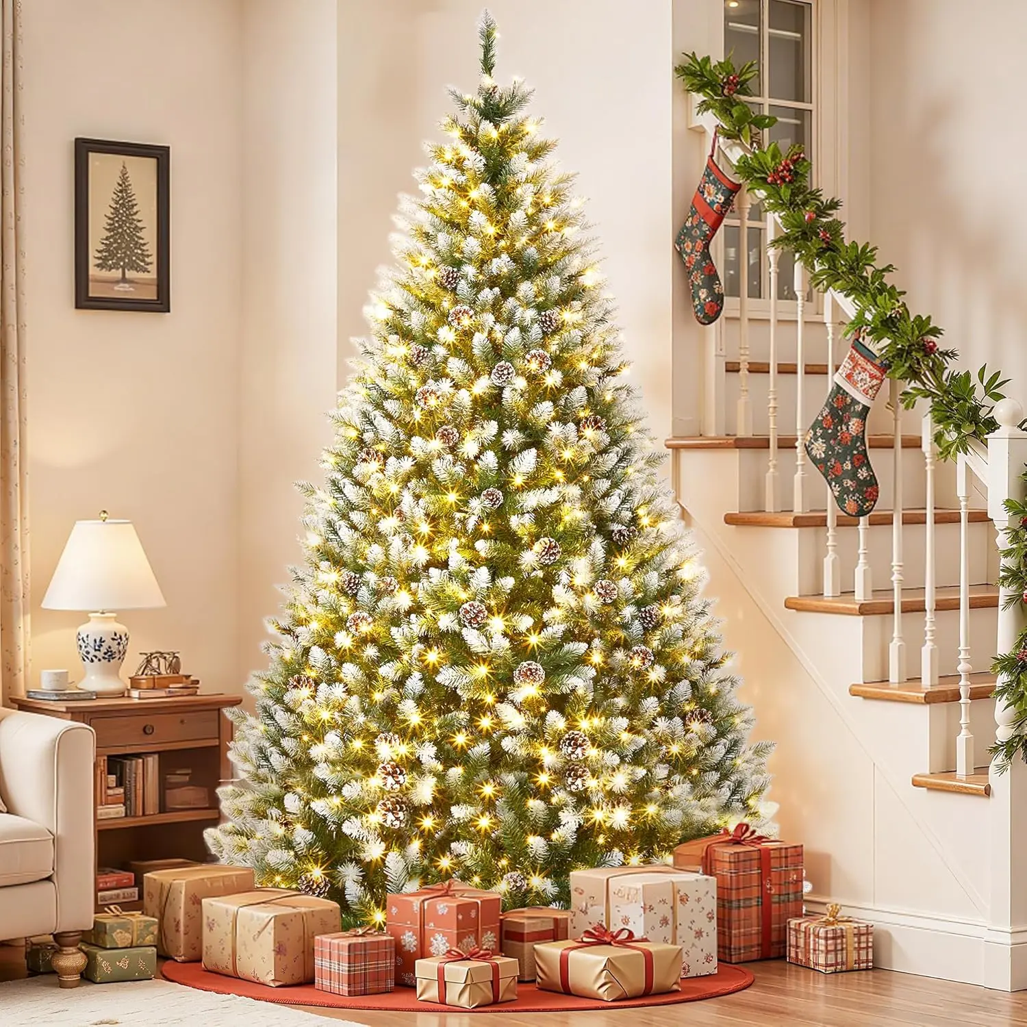 6/7.5/9ft Pre-Lit Artificial Christmas Tree with Warm White LED Lights, Snow Flocked Branches & Pinecones, Foldable Metal Stand, Easy Assembly for Home, Apartment, Office