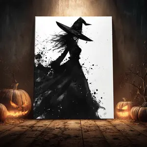 1 Count Wooden Framed Canvas, Ink Witch Silhouette Poster, Halloween Decorative Poster, Funny Poster, Horror Poster Party Hanging Picture, Modern Art For Living Room, Bedroom, Family Decoration, Ideal Gift, Waterproof, Print
