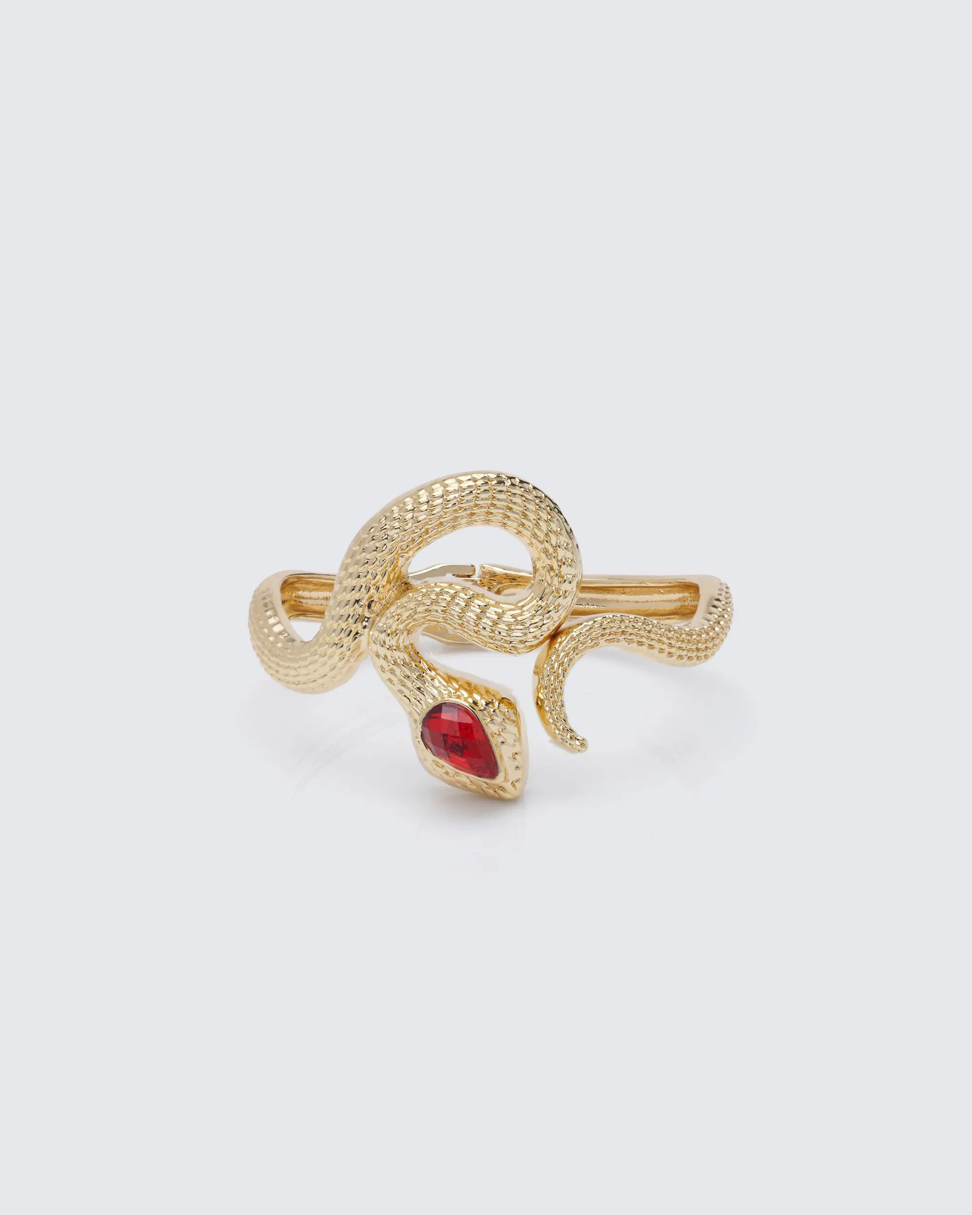 Nyoka Gold Snake Open Bangle - Elegant Bangle, Adjustable Fit, Textured Scale Detailing, Wrap-Around Serpent Design, Unisex Casual Costume Jewelry Cuff, Zinc Alloy with Plastic Component, Red Gemstone Accent