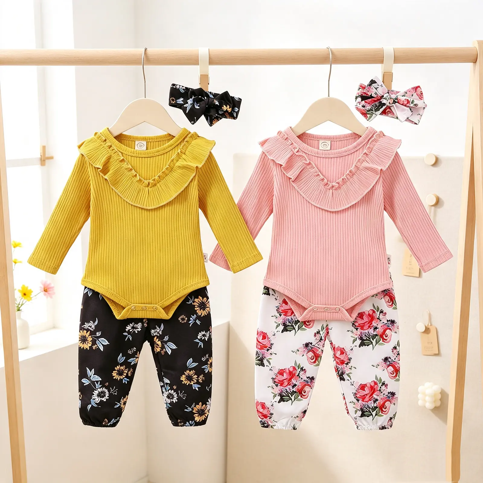 Baby Girls' 3Pcs Romper Set, Solid Color Ruffles Long Sleeve Knitted Bodysuit with Floral Printed Long Pants and Headband