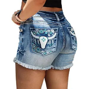 Women's Vintage High Waisted Denim Shorts - Retro Embroidery Raw Hem Distressed Jean Shorts Stretch Fit Summer Casual Shorts Cotton Streetwear