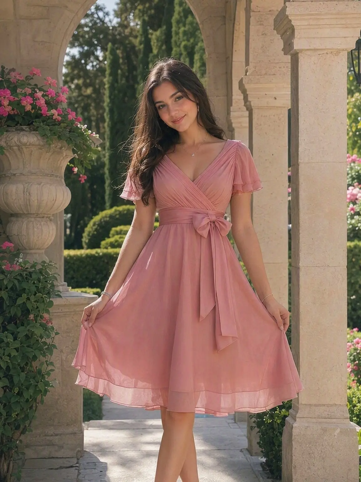 RETRO STAGE Women's 1950s V-Neck Polyester Satin Belt Tulle Ballgown - Ruffled Bell Sleeves, Bow Detail, Elegant Fashion Chic Formal Dress, Wedding Guest Dresses, Bachelorette Party Night Out Clothes