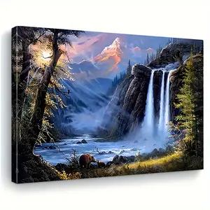 1 Piece Framed Waterfall Landscape Canvas Art Print - Elegant Classic Decorative Art Style, Vibrant Ink Canvas, Horizontal Wall Decoration Suitable for Living Room, Bedroom, Office - Spring and Autumn Natural Scene, Hangable Design with Hook, Perfect
