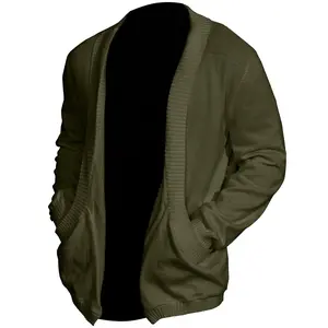 Men's solid color pocket shawl collar cardigan, spring and autumn casual long sleeved front opening knitted loose, fashionable men's knitted daily clothingRAIMENTRY