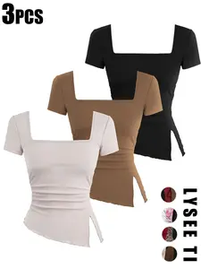 3pcs Square Neck Short Sleeve T-Shirt with Ruching Design and Side Slits, Slim Fit for Spring Everyday Versatility