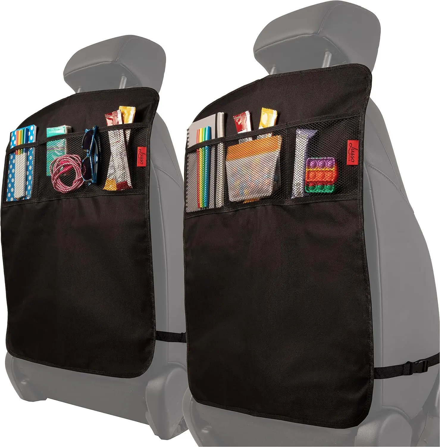 Black Oxford Fabric Car Seat Back Protectors (2-Pack) - Waterproof Backseat Covers with Snap Straps, Durable, Easy to Clean, Adjustable Universal Fit, 3 Mesh Pockets for Families on the Go, Practical Storage