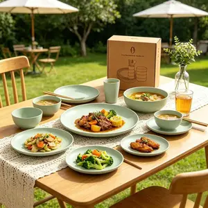 32-Piece Wheat Straw Cutlery Set, 8-Person Plates and Bowls, Plastic, Microwave and Dishwasher Safe, Perfect for Valentine's Day and Parties