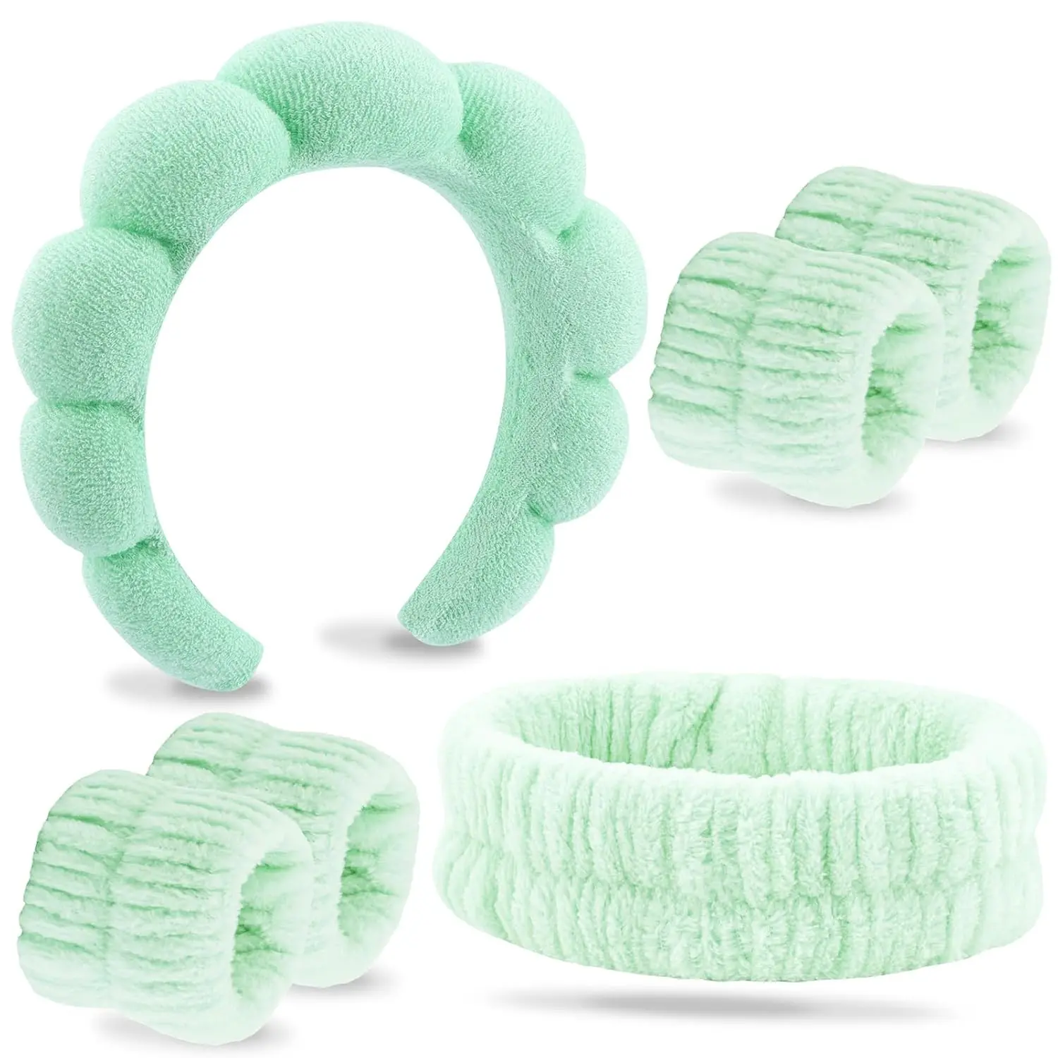 6 count Green Bubble Puffy Sponge Spa Headband Wristband Set, Spa Headbands for Wash Face, Makeup Headband, Facial Skincare Headbands Women  Sleepover Party Supplies Hair Accessories