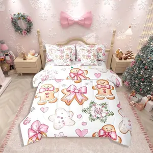 Cute Christmas Gingerbread Man Comforter Set,7 Piece For Kids Boys Girls,Xmas Snowflake Bow Bed In A Bag With Sheets Winter Merry Christmas Bedding Set,Kawaii Pink Stars Heart Bed Set